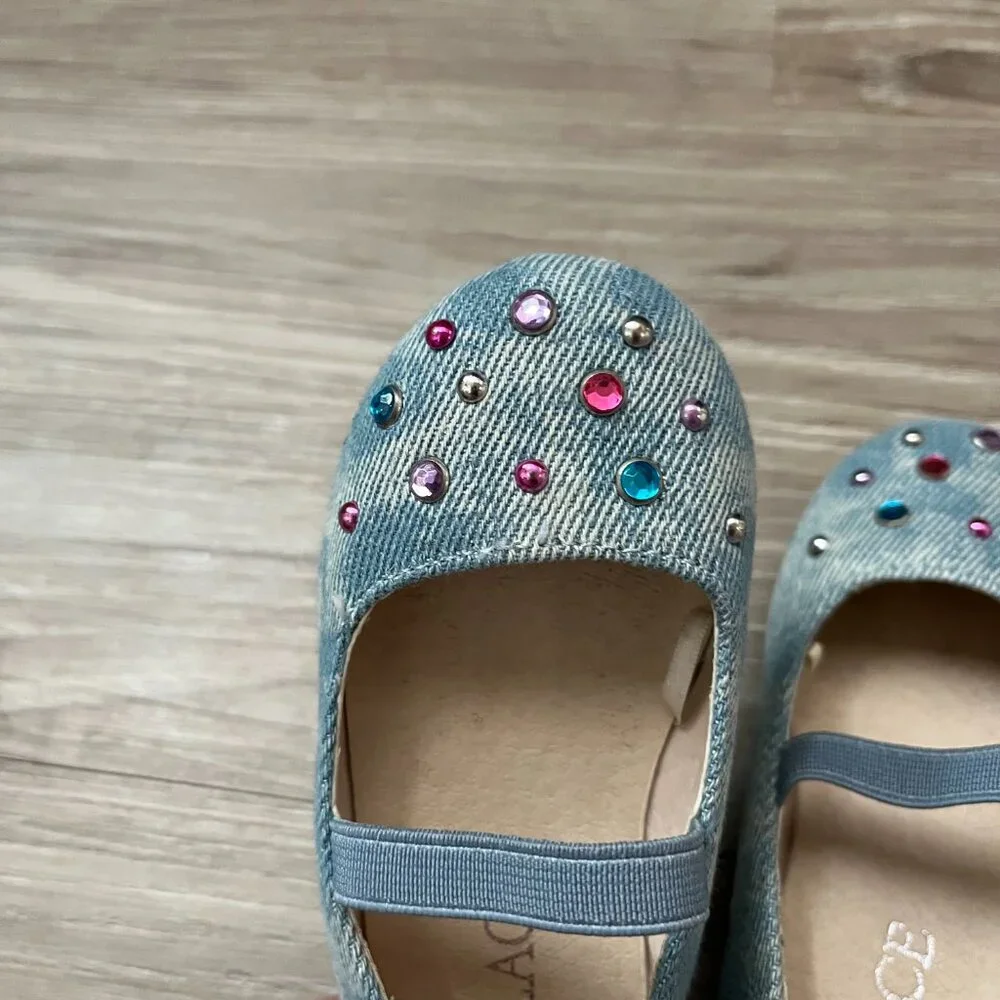 The Children's Place Girls Denim Slip-on Ballet Flat Shoes Jeweled Toddler Sz 5